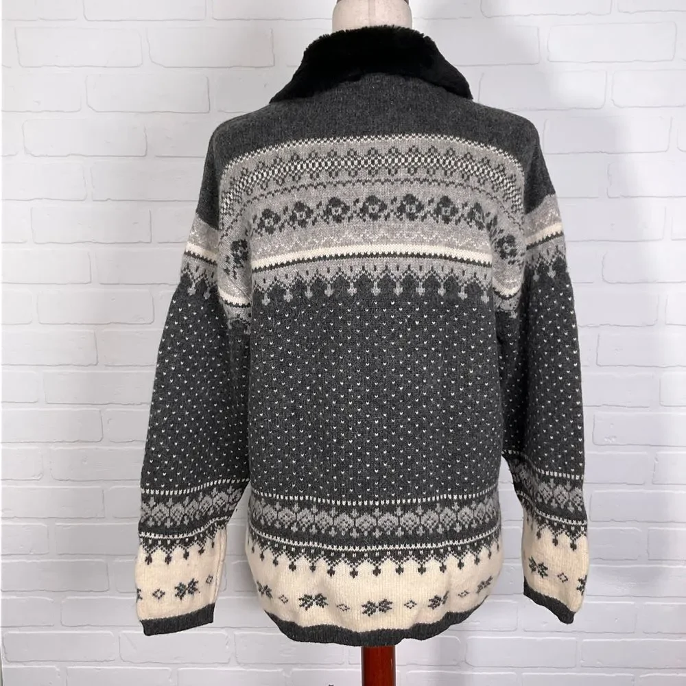 Croft & Barrow Cardigan Women Medium Beige Gray Fair‎ Isle Lambswool Winter VTG